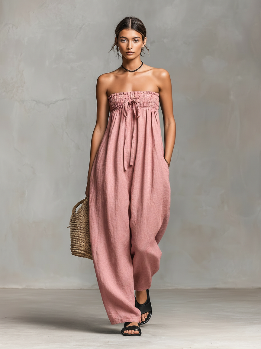 Women’s Minimalist Loose-Fitting Linen-Blend Strapless Jumpsuit with Tie Closure – Effortless Summer Style