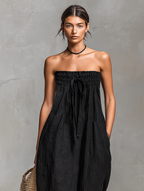 Women’s Minimalist Loose-Fitting Linen-Blend Strapless Jumpsuit with Tie Closure – Effortless Summer Style