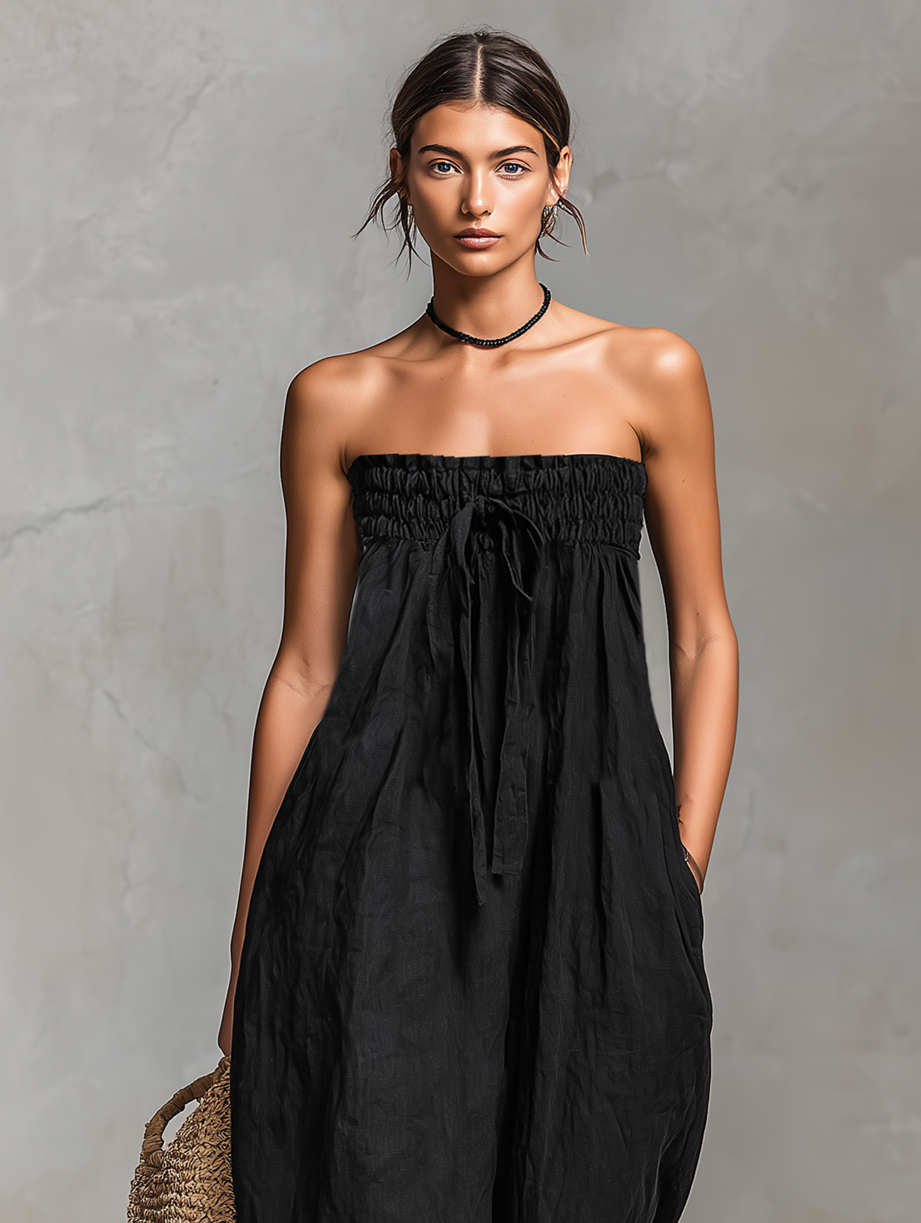 Women’s Minimalist Loose-Fitting Linen-Blend Strapless Jumpsuit with Tie Closure – Effortless Summer Style