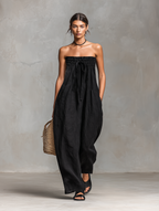 Women’s Minimalist Loose-Fitting Linen-Blend Strapless Jumpsuit with Tie Closure – Effortless Summer Style