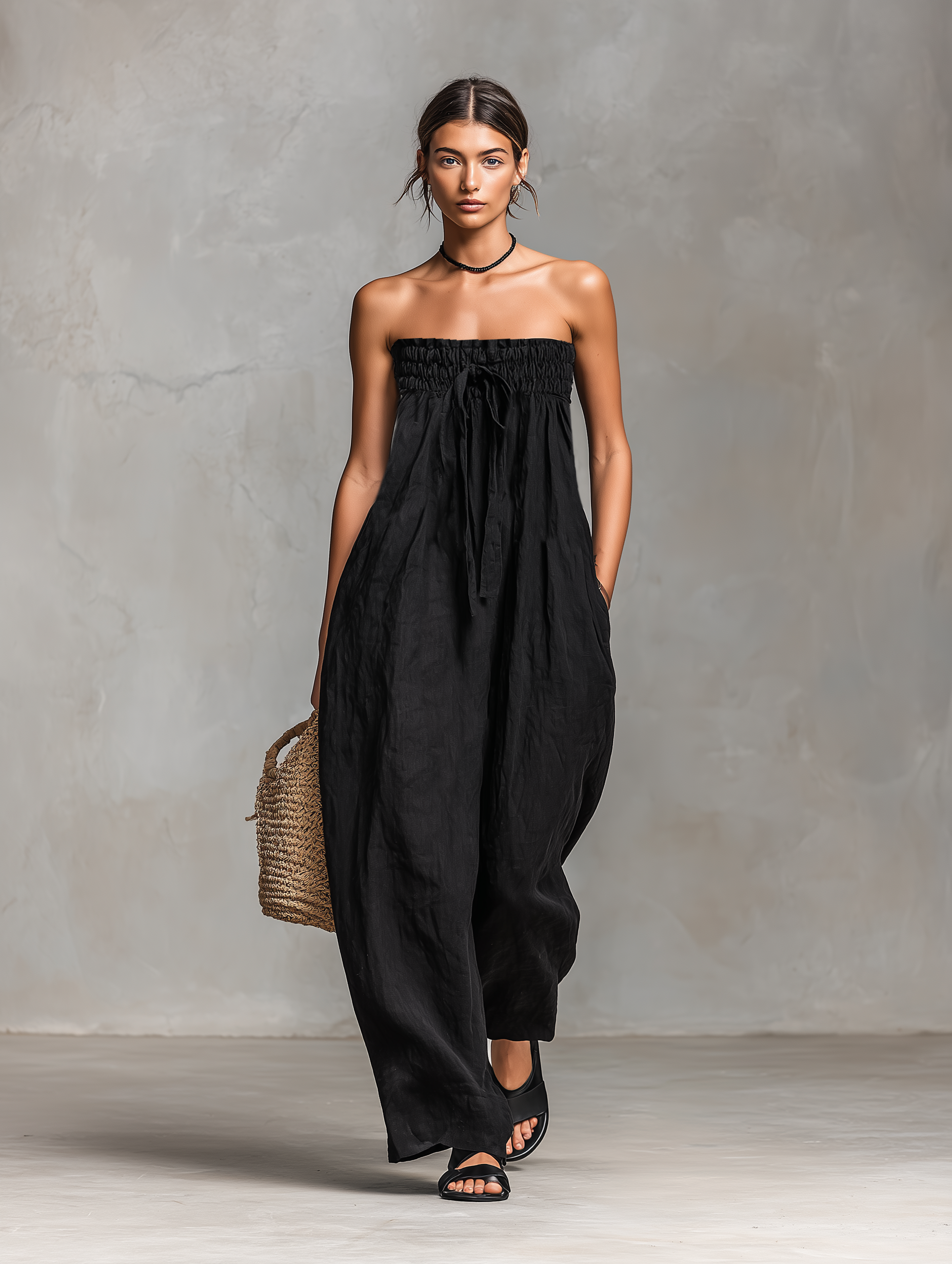 Women’s Minimalist Loose-Fitting Linen-Blend Strapless Jumpsuit with Tie Closure – Effortless Summer Style
