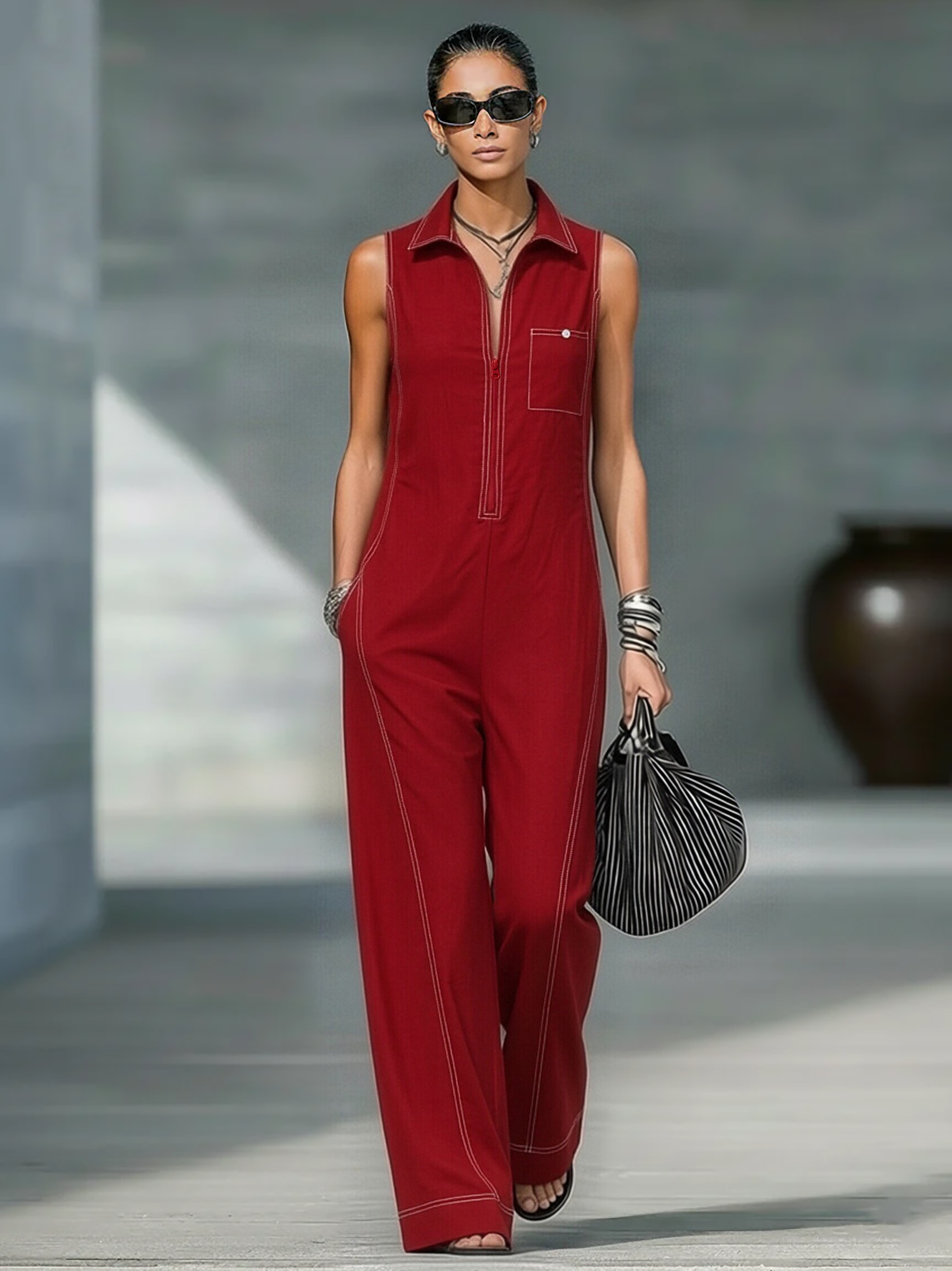 Women’s Minimalist White Trim Sleeveless Jumpsuit – Loose Fit Modern Casual Wide Leg One-Piece Outfit