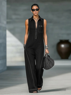 Women’s Minimalist White Trim Sleeveless Jumpsuit – Loose Fit Modern Casual Wide Leg One-Piece Outfit