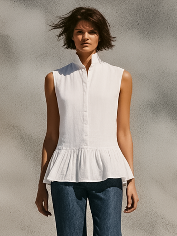 Women’s Minimalist Stand-Collar Sleeveless Shirt – Ruffled Hem Single-Breasted Top