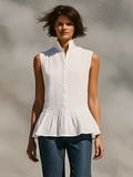 Women’s Minimalist Stand-Collar Sleeveless Shirt – Ruffled Hem Single-Breasted Top