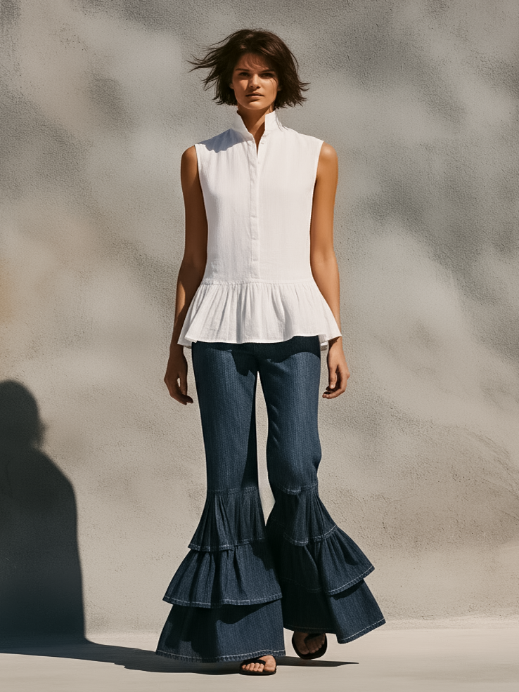 Women’s Minimalist Stand-Collar Sleeveless Shirt – Ruffled Hem Single-Breasted Top