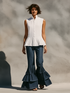 Women’s Minimalist Stand-Collar Sleeveless Shirt – Ruffled Hem Single-Breasted Top