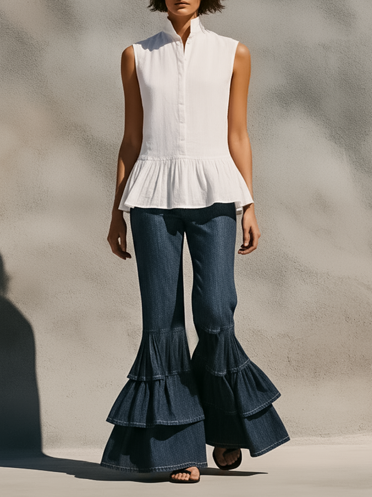 Women’s Minimalist Stand-Collar Sleeveless Shirt – Ruffled Hem Single-Breasted Top