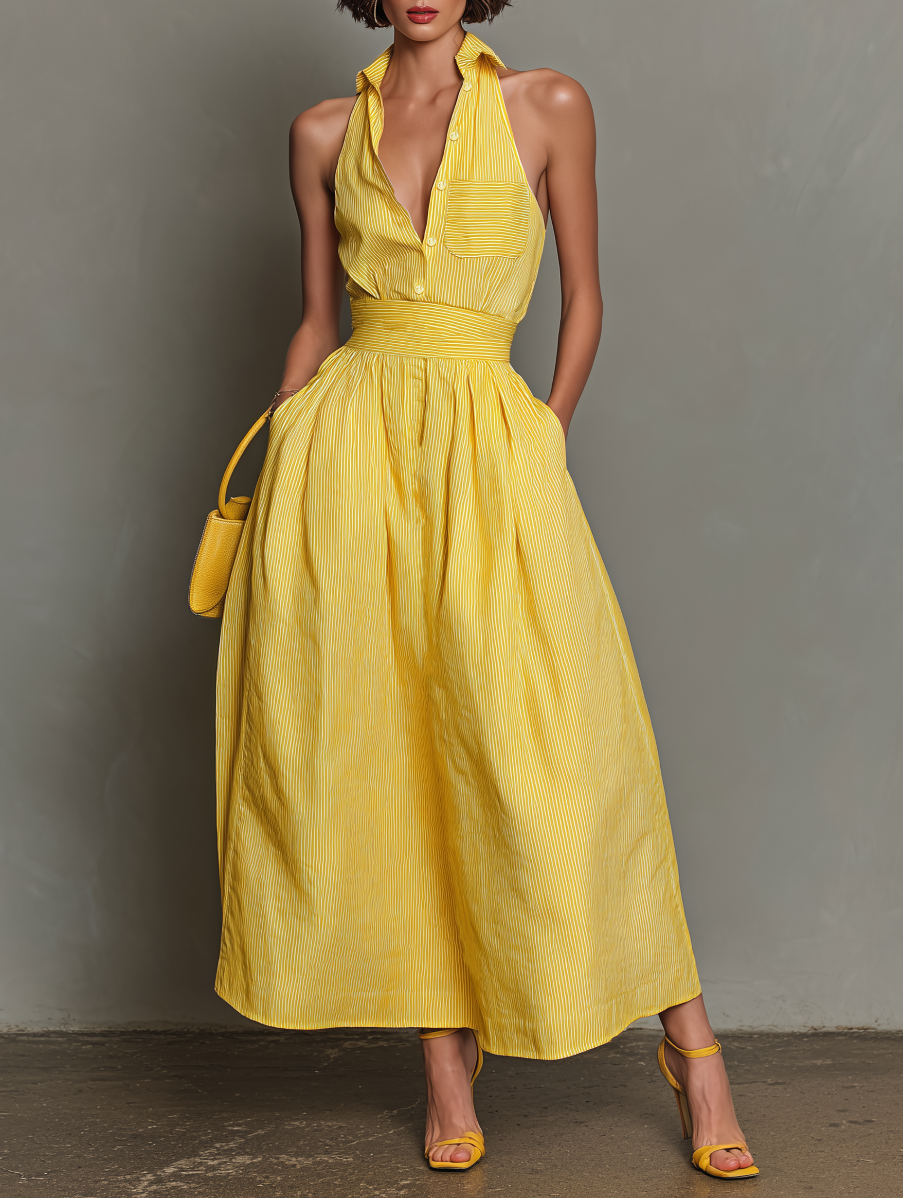 Women’s Minimalist Striped Lapel Sleeveless Maxi Dress – Elegant V-Neck Summer Resort Chic Dress