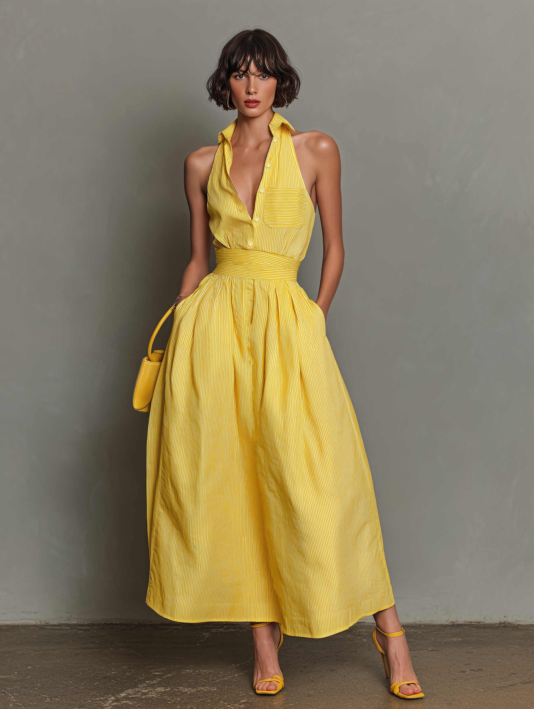 Women’s Minimalist Striped Lapel Sleeveless Maxi Dress – Elegant V-Neck Summer Resort Chic Dress