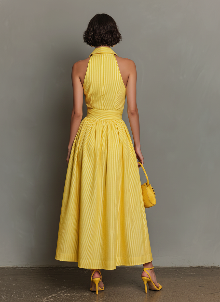Women’s Minimalist Striped Lapel Sleeveless Maxi Dress – Elegant V-Neck Summer Resort Chic Dress