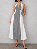Women’s Minimalist Striped Patchwork Sleeveless Midi Dress – Modern Chic Style