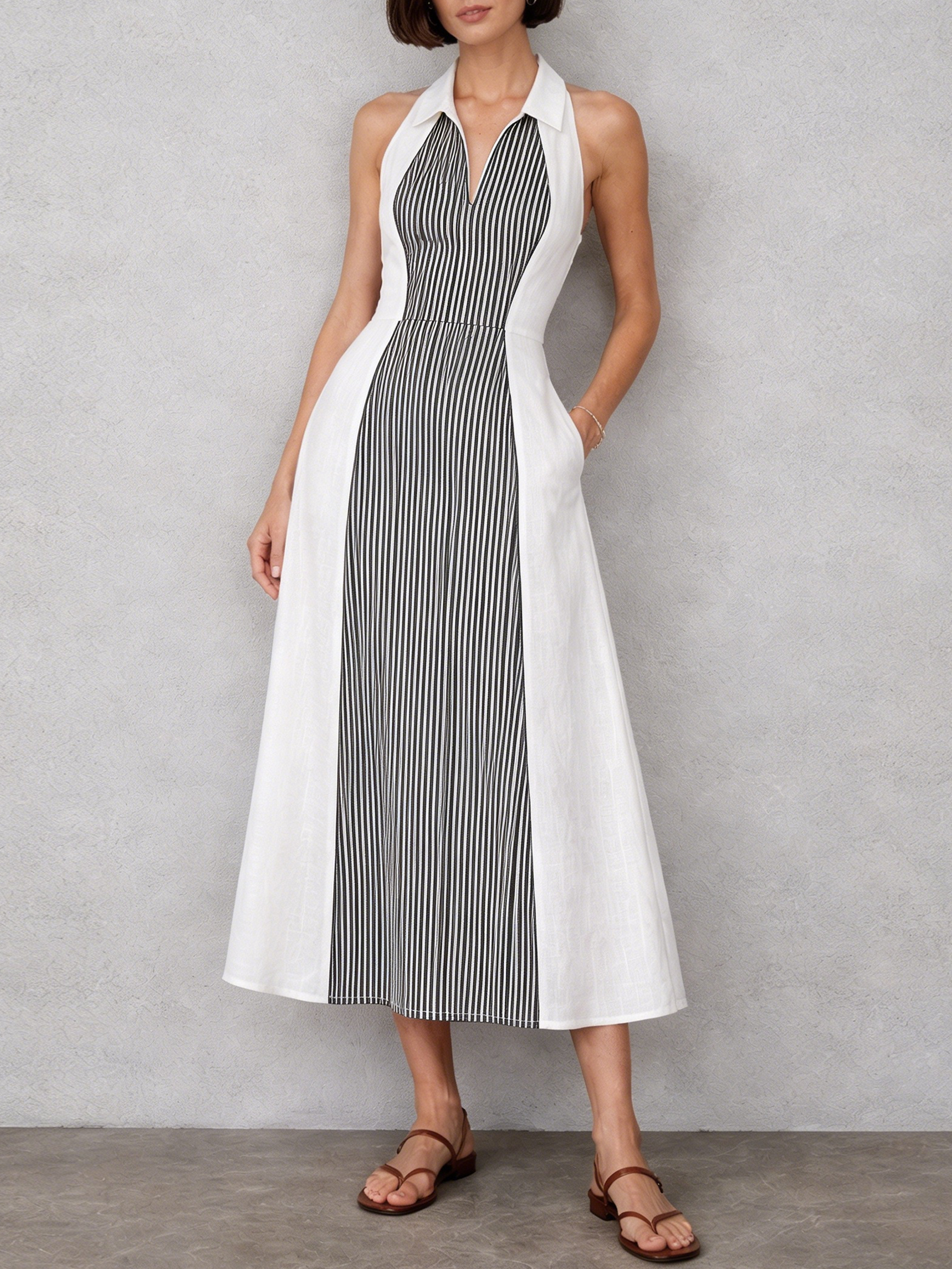Women’s Minimalist Striped Patchwork Sleeveless Midi Dress – Modern Chic Style