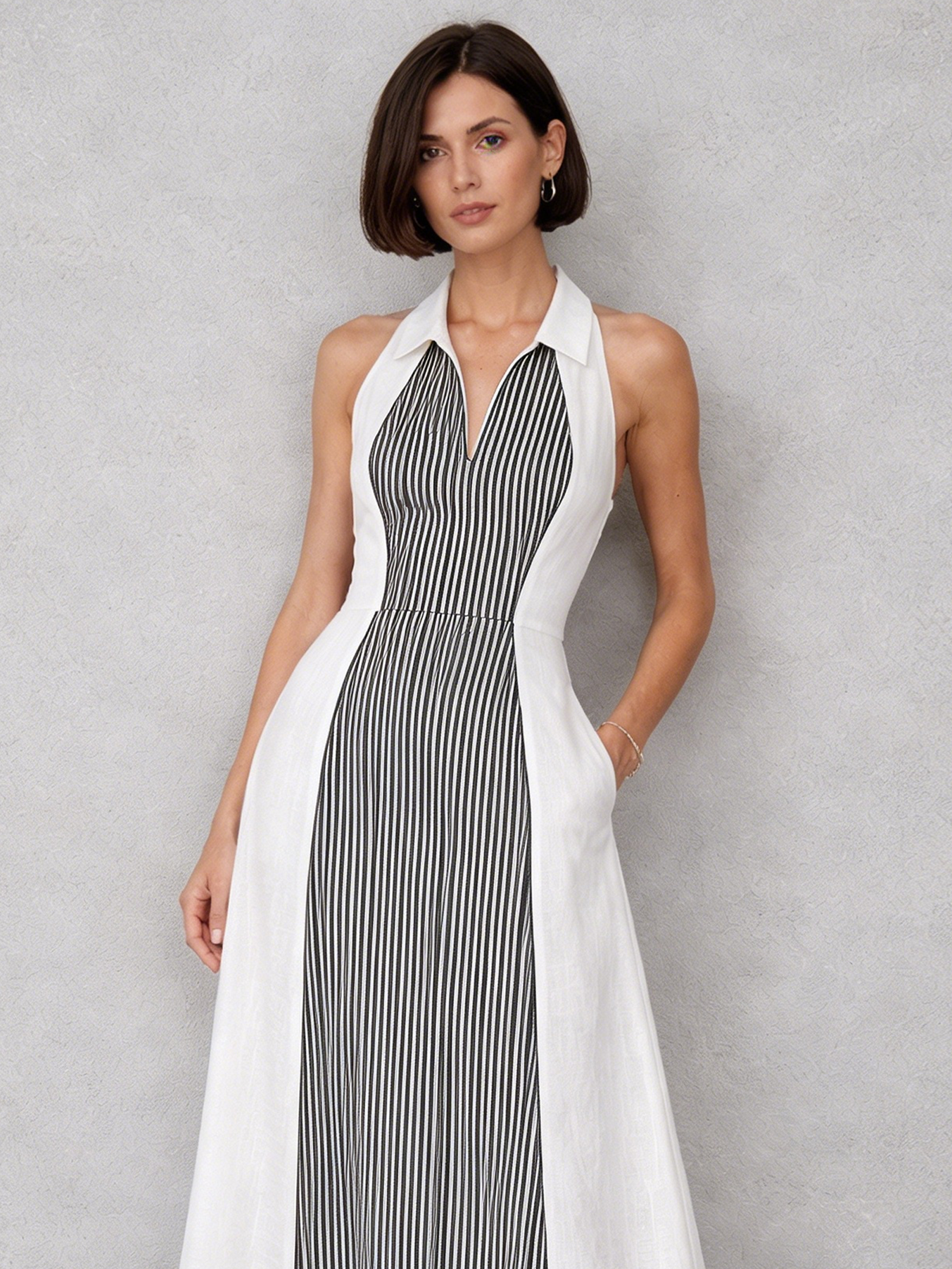 Women’s Minimalist Striped Patchwork Sleeveless Midi Dress – Modern Chic Style