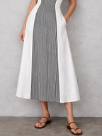 Women’s Minimalist Striped Patchwork Sleeveless Midi Dress – Modern Chic Style