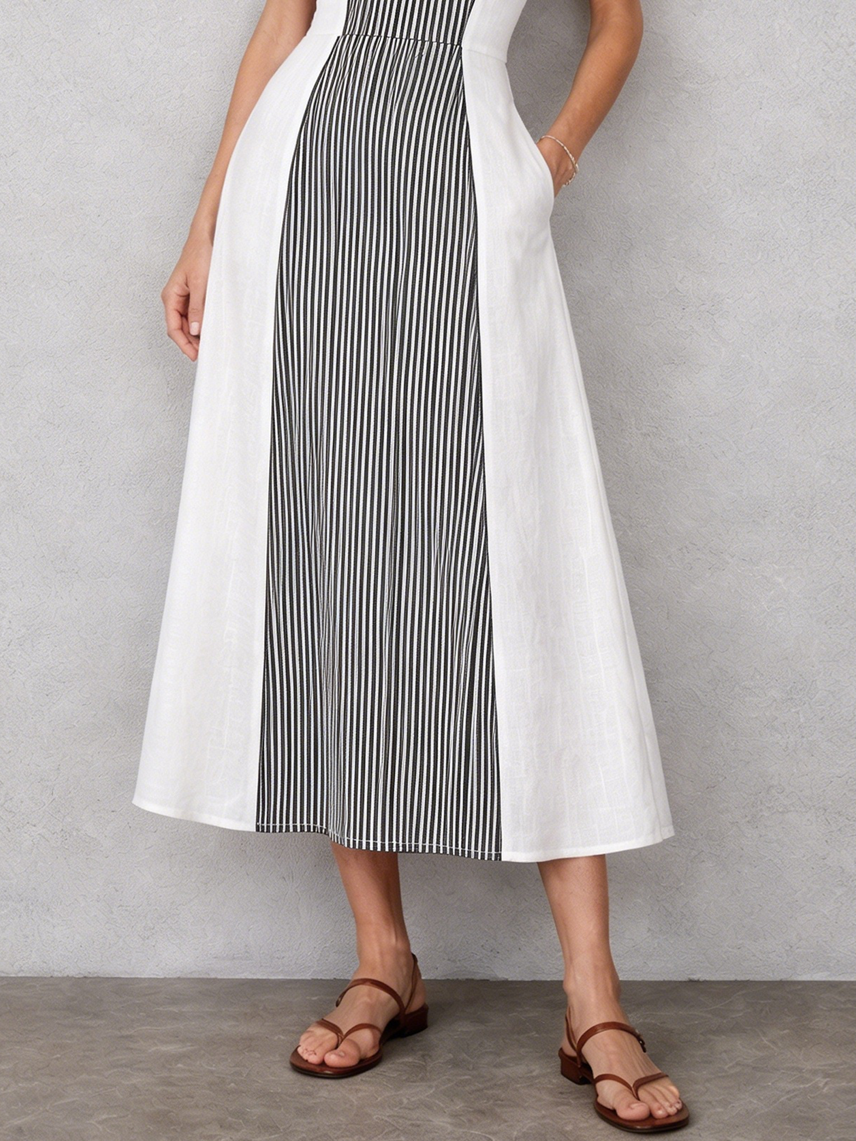 Women’s Minimalist Striped Patchwork Sleeveless Midi Dress – Modern Chic Style