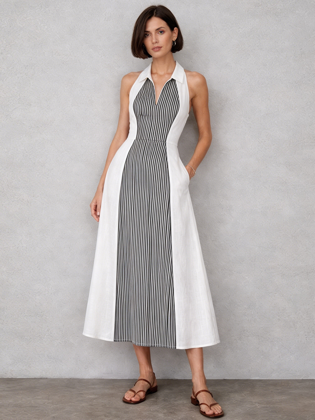 Women’s Minimalist Striped Patchwork Sleeveless Midi Dress – Modern Chic Style