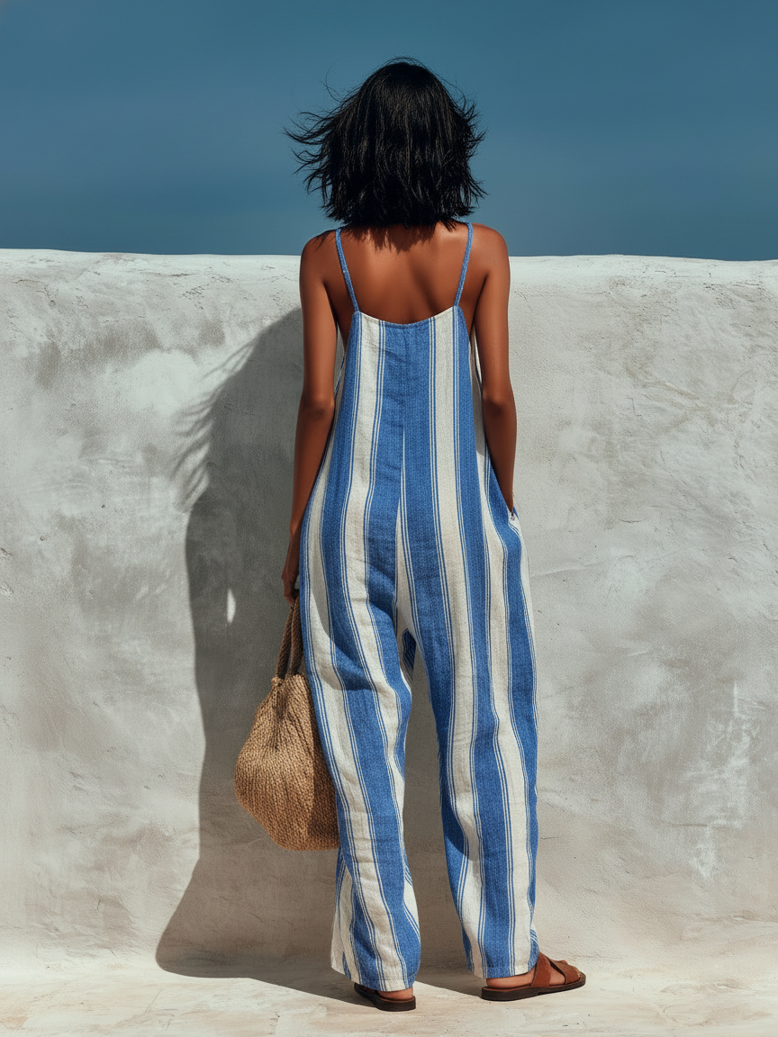Women’s Minimalist Vacation-Style Striped Suspender Jumpsuit – Relaxed Summer Essential