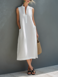 Women’s Minimalist White Cotton Linen Midi Dress Sleeveless Loose Fit Round Neck Summer Casual Elegant Breathable Vacation Travel Everyday Resort Dress
