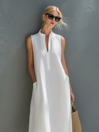 Women’s Minimalist White Cotton Linen Midi Dress Sleeveless Loose Fit Round Neck Summer Casual Elegant Breathable Vacation Travel Everyday Resort Dress