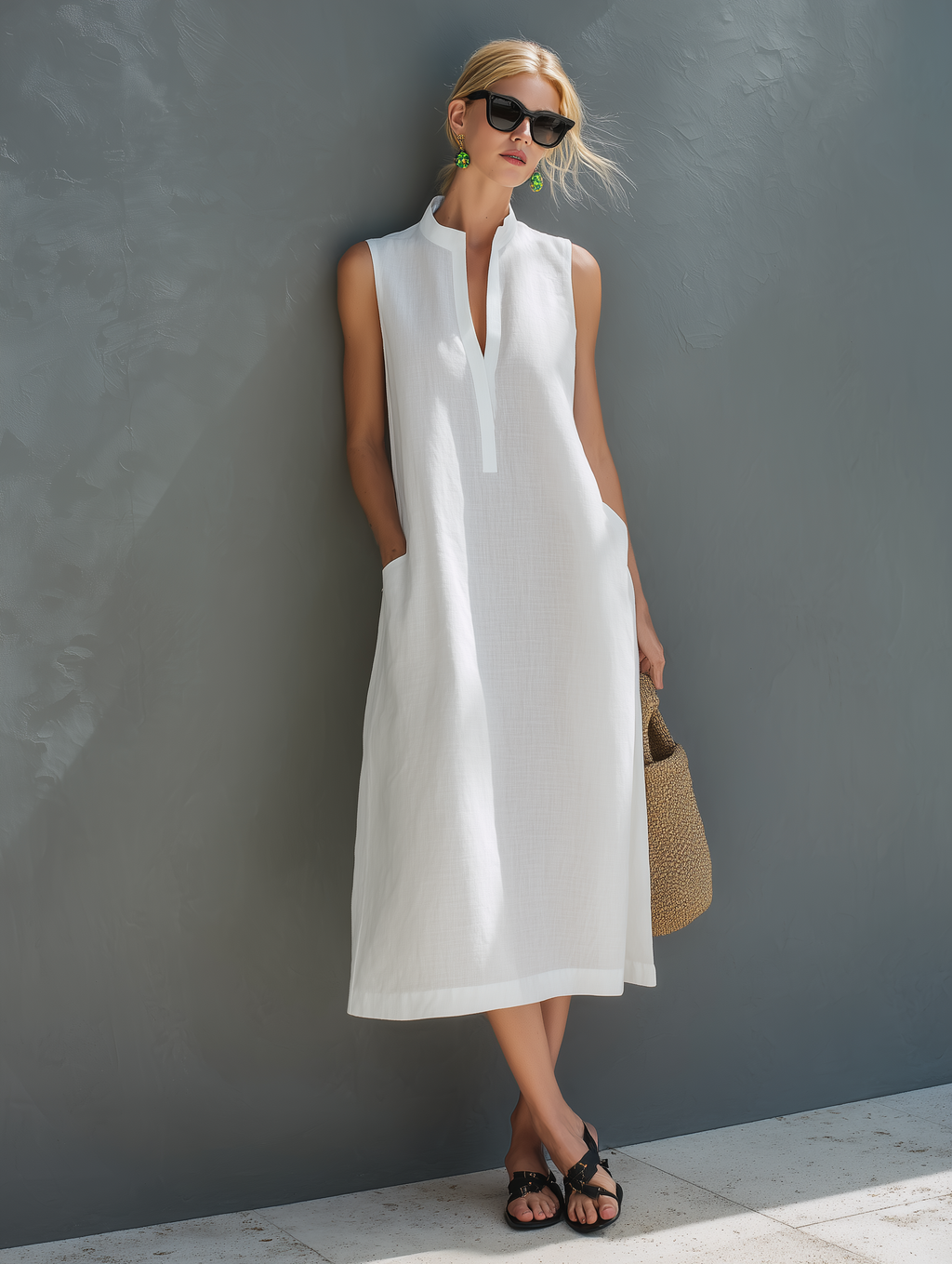 Women’s Minimalist White Cotton Linen Midi Dress Sleeveless Loose Fit Round Neck Summer Casual Elegant Breathable Vacation Travel Everyday Resort Dress
