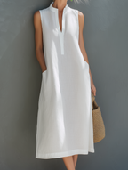 Women’s Minimalist White Cotton Linen Midi Dress Sleeveless Loose Fit Round Neck Summer Casual Elegant Breathable Vacation Travel Everyday Resort Dress