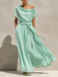 Women’s Mint Green Chiffon Off-The-Shoulder Maxi Dress – Draped Neck Belted Waist Romantic Resort Gown