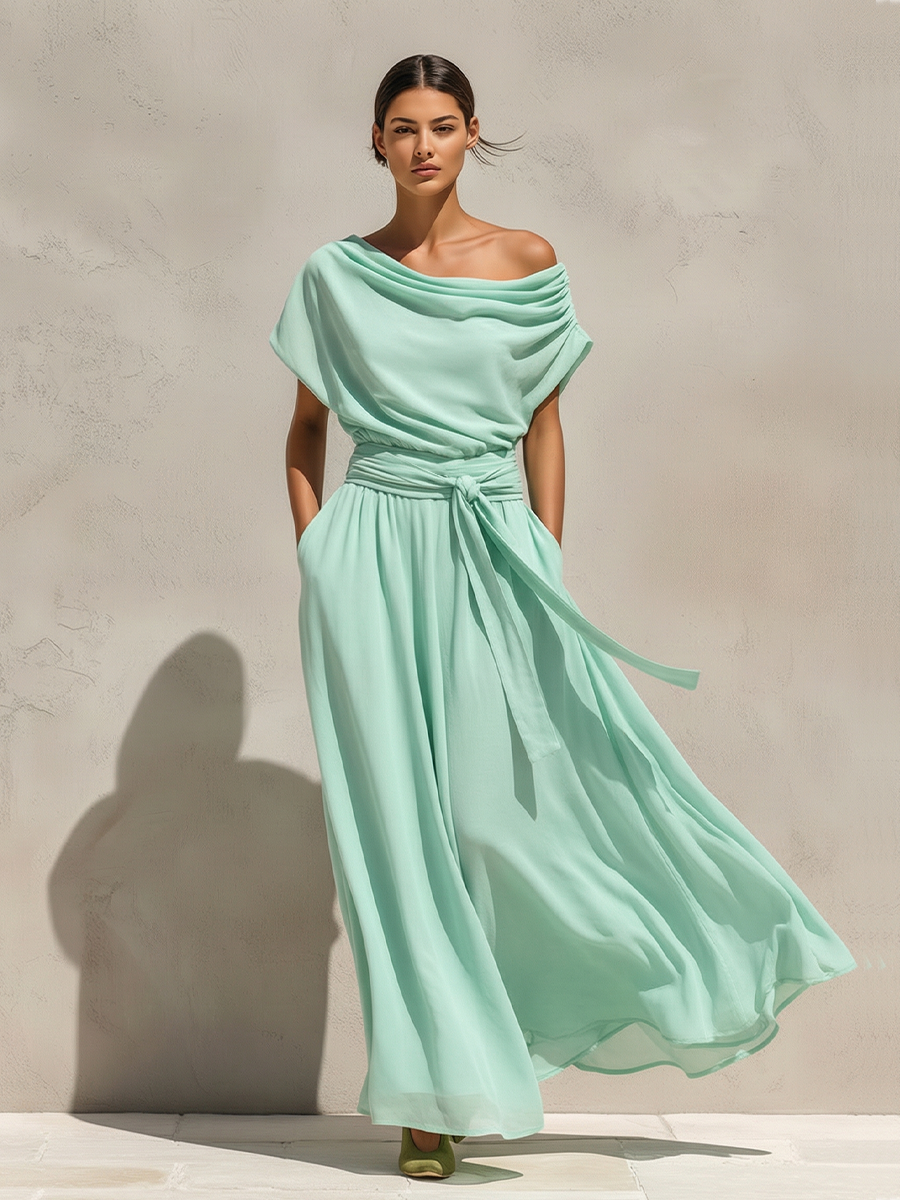 Women’s Mint Green Chiffon Off-The-Shoulder Maxi Dress – Draped Neck Belted Waist Romantic Resort Gown