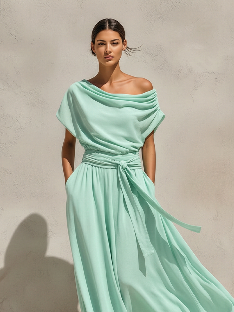 Women’s Mint Green Chiffon Off-The-Shoulder Maxi Dress – Draped Neck Belted Waist Romantic Resort Gown