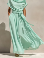 Women’s Mint Green Chiffon Off-The-Shoulder Maxi Dress – Draped Neck Belted Waist Romantic Resort Gown