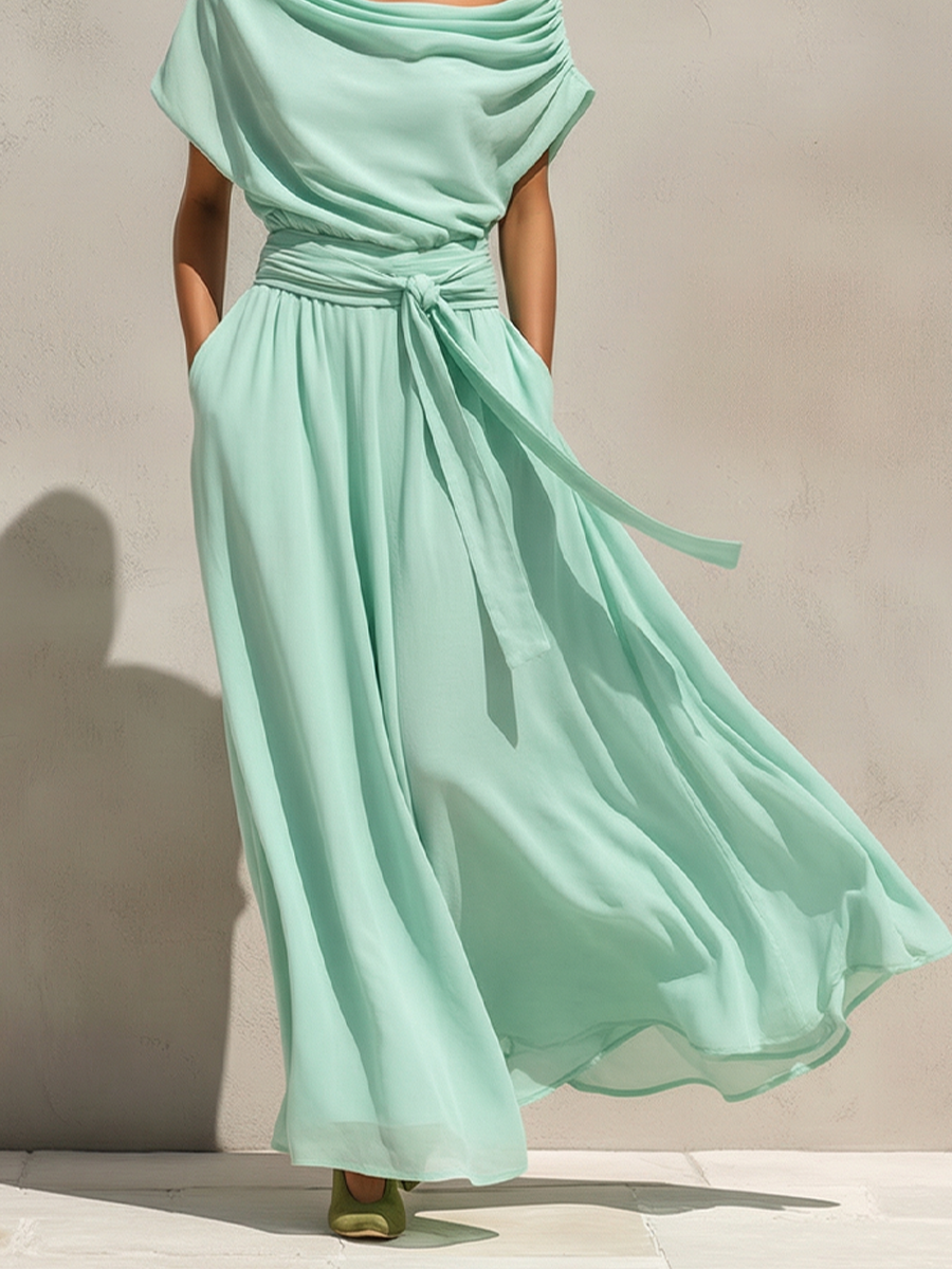Women’s Mint Green Chiffon Off-The-Shoulder Maxi Dress – Draped Neck Belted Waist Romantic Resort Gown