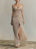 Women’s Nude Mesh Maxi Dress Cowl Neck Ruched Front Sleeveless Elegant Evening Gown Formal Wedding Guest Party Dress