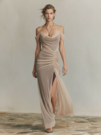 Women’s Nude Mesh Maxi Dress Cowl Neck Ruched Front Sleeveless Elegant Evening Gown Formal Wedding Guest Party Dress