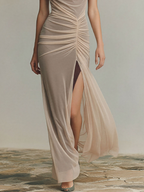 Women’s Nude Mesh Maxi Dress Cowl Neck Ruched Front Sleeveless Elegant Evening Gown Formal Wedding Guest Party Dress