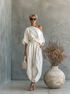Women’s Off-White Linen Two-Piece Set — Off-Shoulder Loose Top & Tapered Pants, Casual Chic Summer Outfit