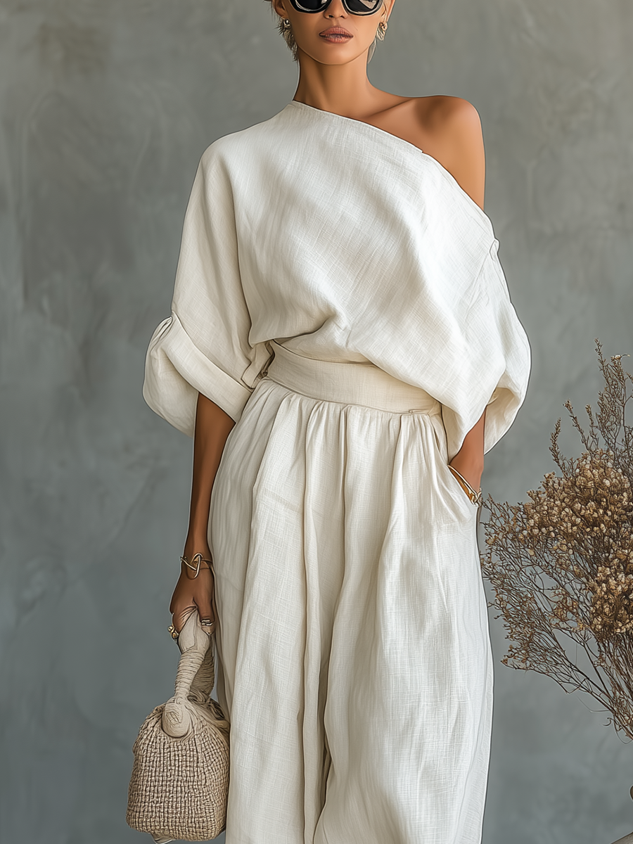 Women’s Off-White Linen Two-Piece Set — Off-Shoulder Loose Top & Tapered Pants, Casual Chic Summer Outfit