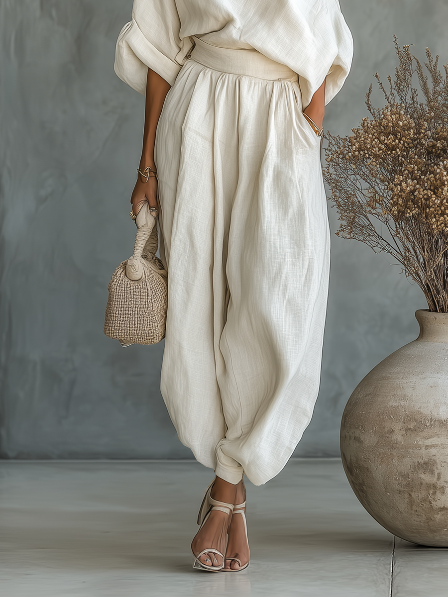 Women’s Off-White Linen Two-Piece Set — Off-Shoulder Loose Top & Tapered Pants, Casual Chic Summer Outfit