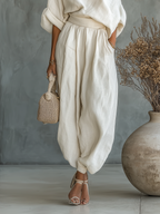 Women’s Off-White Linen Two-Piece Set — Off-Shoulder Loose Top & Tapered Pants, Casual Chic Summer Outfit