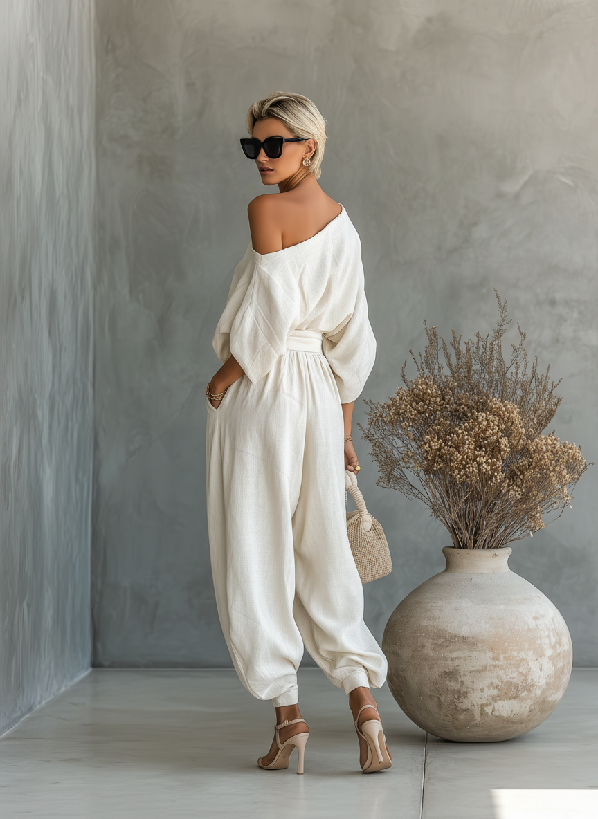 Women’s Off-White Linen Two-Piece Set — Off-Shoulder Loose Top & Tapered Pants, Casual Chic Summer Outfit