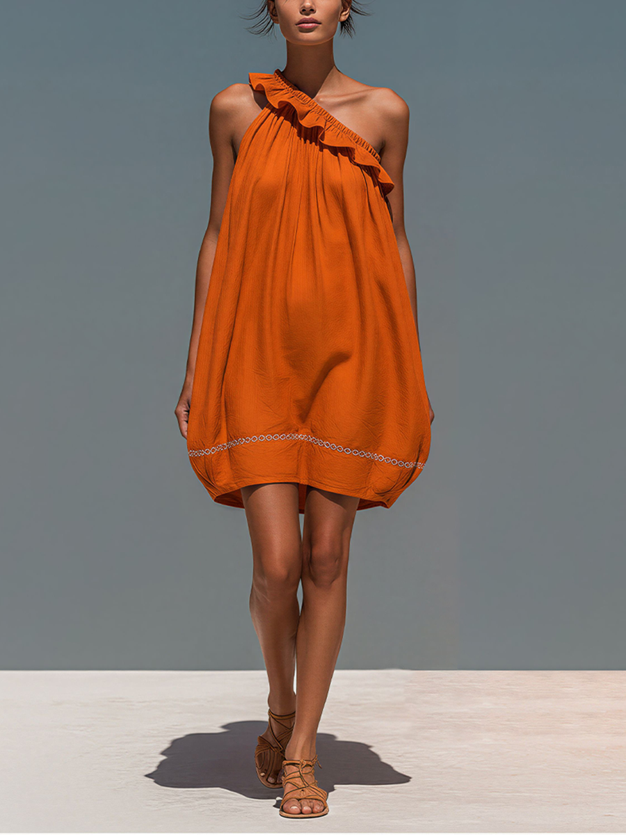 Women’s Orange Linen Blend One Shoulder Mini Dress Ruffled Neck Embroidered Hem Bubble Silhouette Summer Party Vacation Chic Statement Dress