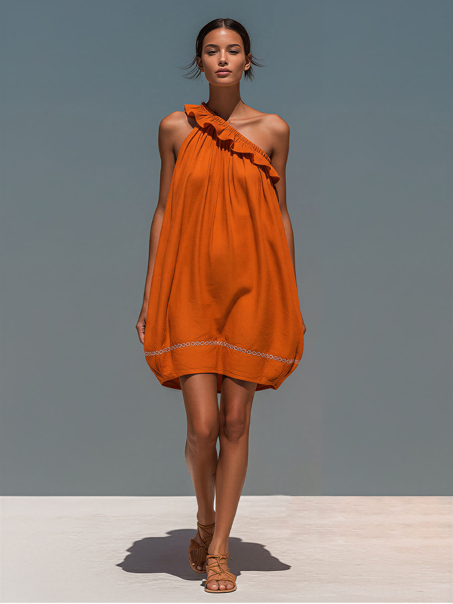 Women’s Orange Linen Blend One Shoulder Mini Dress Ruffled Neck Embroidered Hem Bubble Silhouette Summer Party Vacation Chic Statement Dress