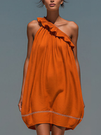 Women’s Orange Linen Blend One Shoulder Mini Dress Ruffled Neck Embroidered Hem Bubble Silhouette Summer Party Vacation Chic Statement Dress
