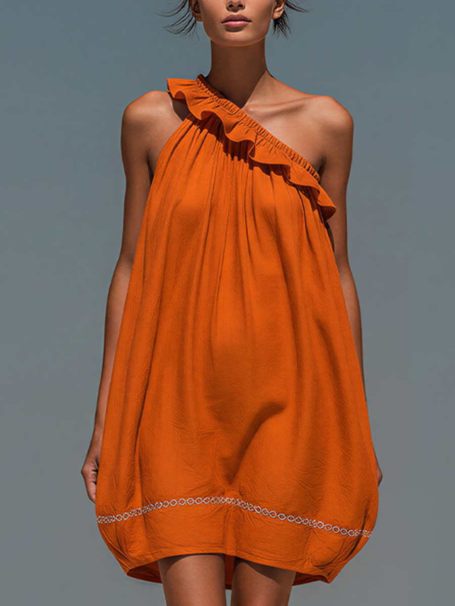 Women’s Orange Linen Blend One Shoulder Mini Dress Ruffled Neck Embroidered Hem Bubble Silhouette Summer Party Vacation Chic Statement Dress
