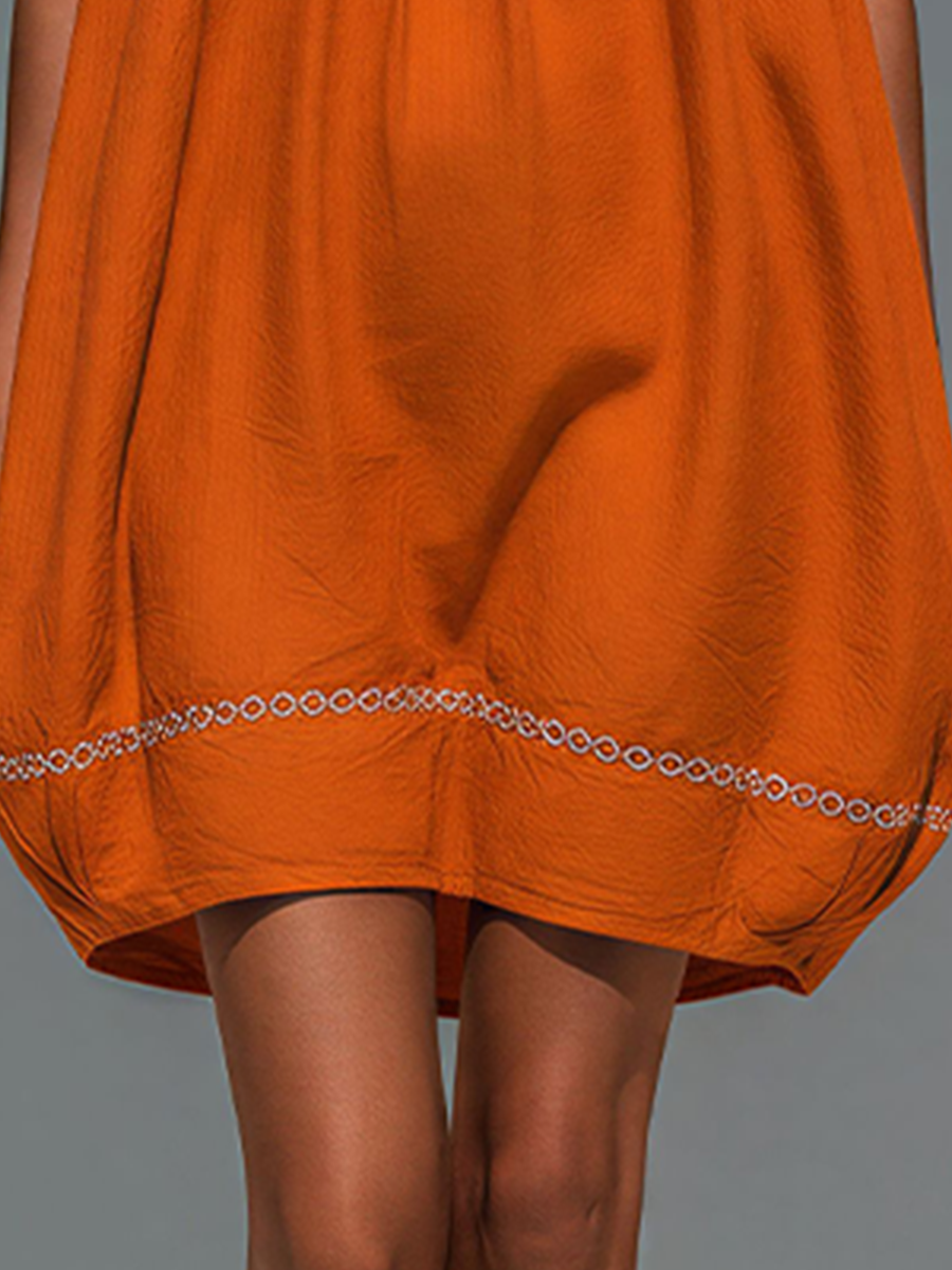 Women’s Orange Linen Blend One Shoulder Mini Dress Ruffled Neck Embroidered Hem Bubble Silhouette Summer Party Vacation Chic Statement Dress