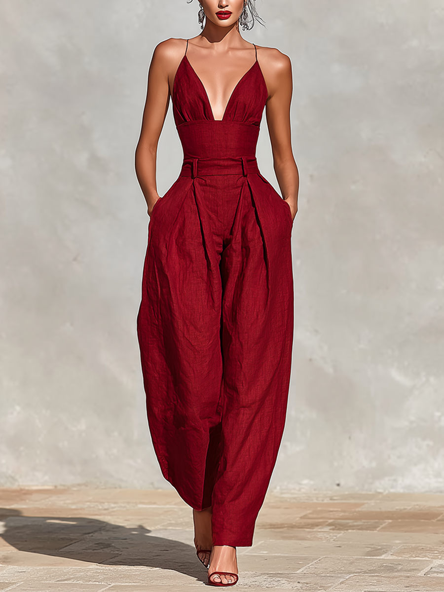 Women’s Red Linen Spaghetti Strap Jumpsuit with High-Waisted Pleated Pants – Romantic Elegant Style