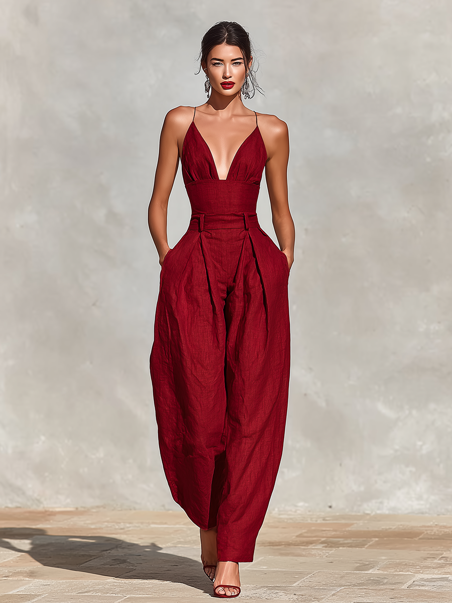 Women’s Red Linen Spaghetti Strap Jumpsuit with High-Waisted Pleated Pants – Romantic Elegant Style