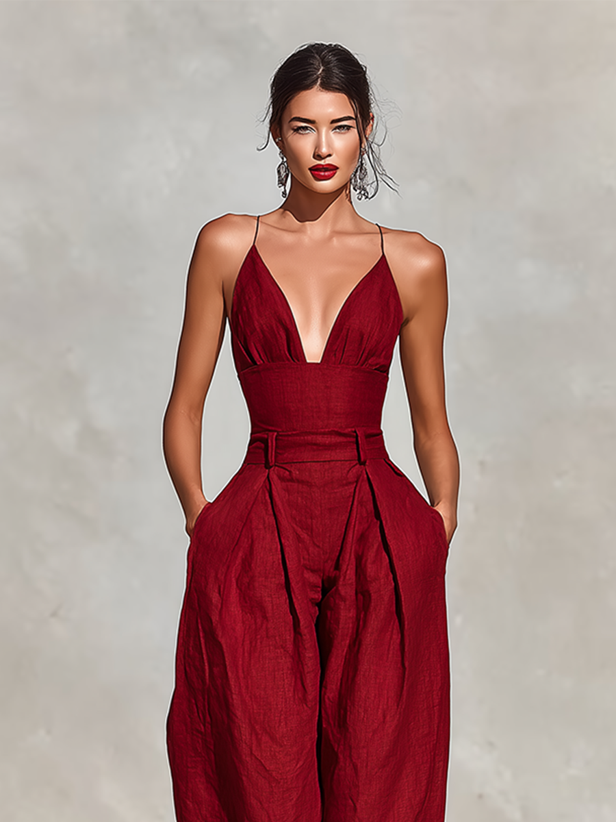 Women’s Red Linen Jumpsuit – Spaghetti Strap High-Waist Pleated Pants