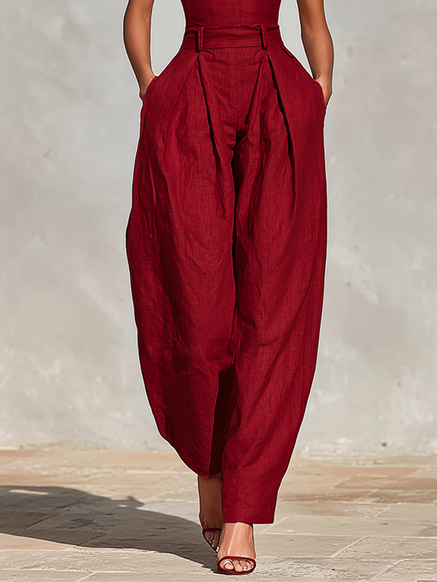 Women’s Red Linen Jumpsuit – Spaghetti Strap High-Waist Pleated Pants