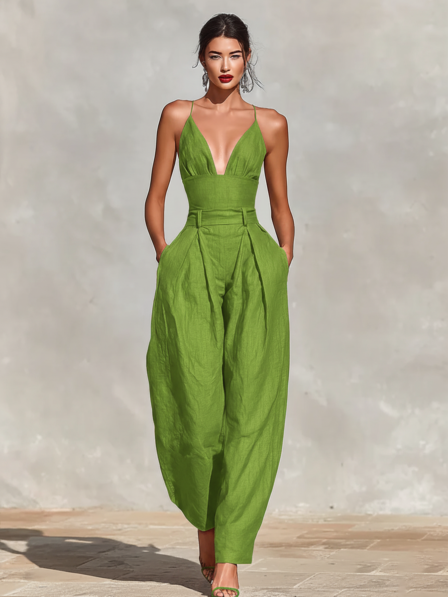 Women’s Red Linen Jumpsuit – Spaghetti Strap High-Waist Pleated Pants