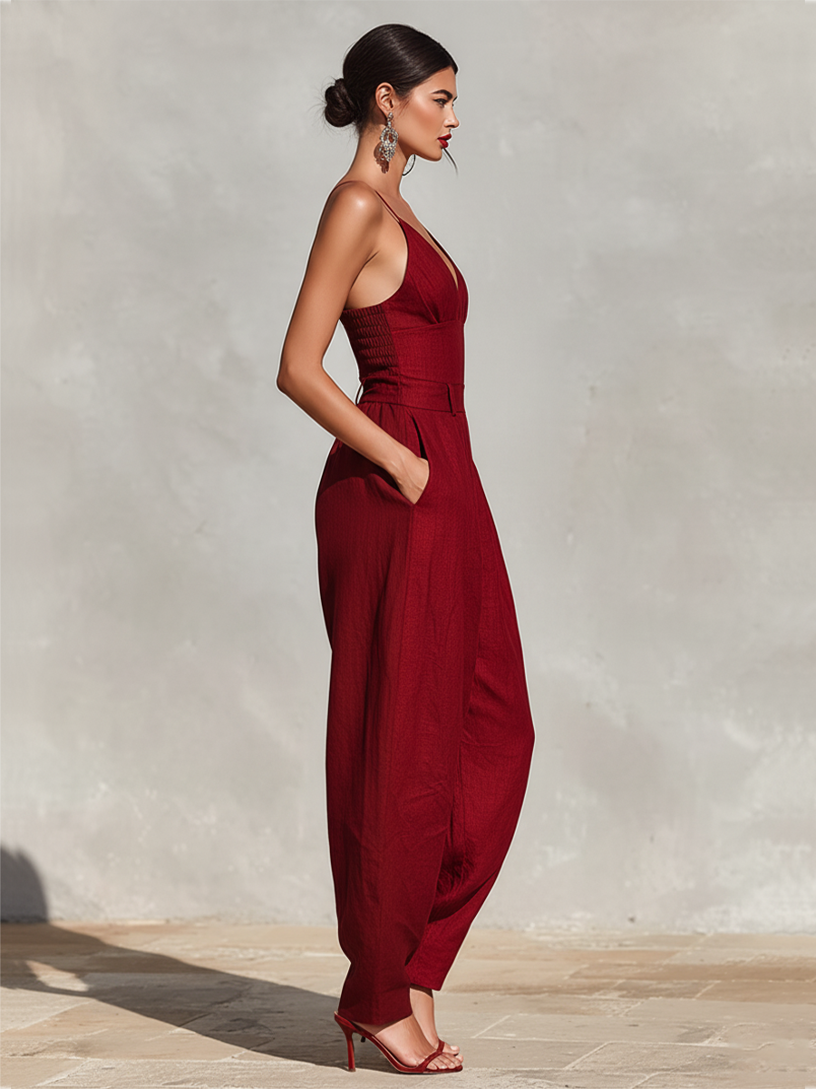 Women’s Red Linen Jumpsuit – Spaghetti Strap High-Waist Pleated Pants